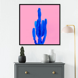 Plakat w ramie Niebieski kaktus na różowym tle