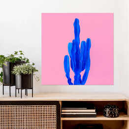 Plakat samoprzylepny Niebieski kaktus na różowym tle