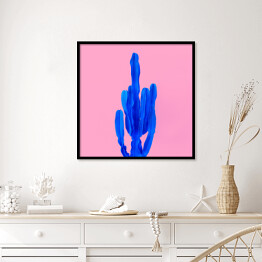 Plakat w ramie Niebieski kaktus na różowym tle