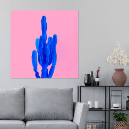 Plakat samoprzylepny Niebieski kaktus na różowym tle