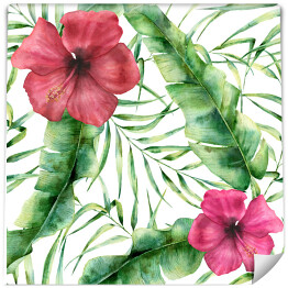 Tapeta winylowa zmywalna w rolce Hibiscus i liście palmowe na białym tle