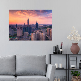 Plakat samoprzylepny Panorama miasta Nanjing w Chinach o zachodzie słońca