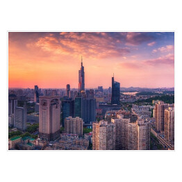 Plakat samoprzylepny Panorama miasta Nanjing w Chinach o zachodzie słońca