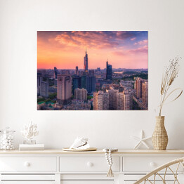 Plakat Panorama miasta Nanjing w Chinach o zachodzie słońca