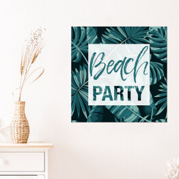Plakat samoprzylepny "Impreza na plaży" - typografia na tle liści palmowych