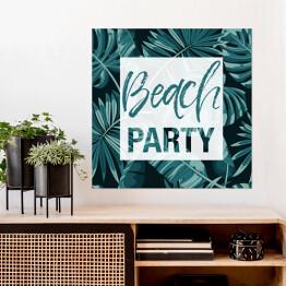 Plakat samoprzylepny "Impreza na plaży" - typografia na tle liści palmowych