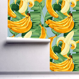 Tapeta samoprzylepna w rolce Tropikalne palmowe liście i banany na błękitnym tle 