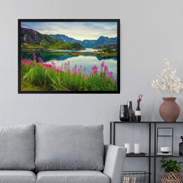Obraz w ramie Widok na norweski fiord, skaliste wybrzeże, pochmurne błękitne niebo i kwitnące różowe kwiaty
