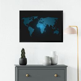 Obraz w ramie Mapa świata z błękitnych pierścieni na granatowym tle