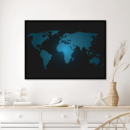 Plakat w ramie Mapa świata z błękitnych pierścieni na granatowym tle