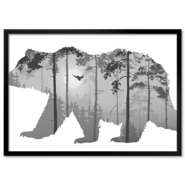 Plakat w ramie Niedźwiedź i las - podwójna ekspozycja