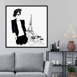 Plakat w ramie Młoda dziewczyna w marynarce na tle Paryża - ilustracja