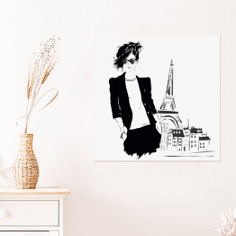 Plakat samoprzylepny Młoda dziewczyna w marynarce na tle Paryża - ilustracja