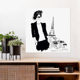 Plakat samoprzylepny Młoda dziewczyna w marynarce na tle Paryża - ilustracja