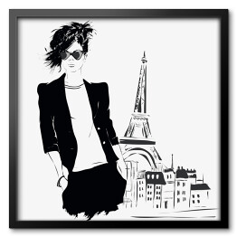 Obraz w ramie Młoda dziewczyna w marynarce na tle Paryża - ilustracja