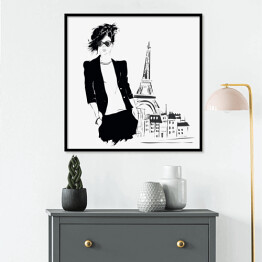 Plakat w ramie Młoda dziewczyna w marynarce na tle Paryża - ilustracja