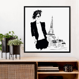 Obraz w ramie Młoda dziewczyna w marynarce na tle Paryża - ilustracja