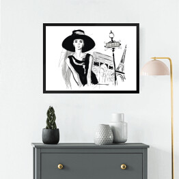 Obraz w ramie Młoda dziewczyna na tle Paryża - strój w stylu Audrey Hepburn