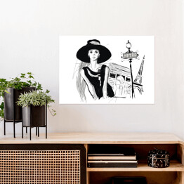 Plakat Młoda dziewczyna na tle Paryża - strój w stylu Audrey Hepburn