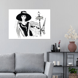 Plakat samoprzylepny Młoda dziewczyna na tle Paryża - strój w stylu Audrey Hepburn