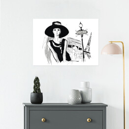 Plakat Młoda dziewczyna na tle Paryża - strój w stylu Audrey Hepburn
