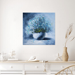 Plakat samoprzylepny Obraz olejny na płótnie - bukiet niebieskich kwiatów w białym okrągłym wazonie 