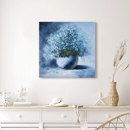 Obraz na płótnie Obraz olejny na płótnie - bukiet niebieskich kwiatów w białym okrągłym wazonie 