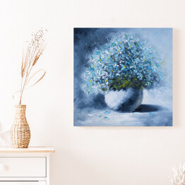 Obraz na płótnie Obraz olejny na płótnie - bukiet niebieskich kwiatów w białym okrągłym wazonie 