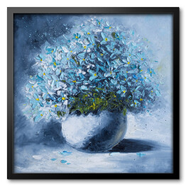 Obraz w ramie Obraz olejny na płótnie - bukiet niebieskich kwiatów w białym okrągłym wazonie 