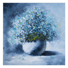 Plakat samoprzylepny Obraz olejny na płótnie - bukiet niebieskich kwiatów w białym okrągłym wazonie 