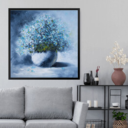 Obraz w ramie Obraz olejny na płótnie - bukiet niebieskich kwiatów w białym okrągłym wazonie 