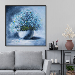 Plakat w ramie Obraz olejny na płótnie - bukiet niebieskich kwiatów w białym okrągłym wazonie 
