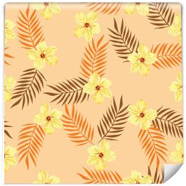 Tapeta w rolce Tropikalne żółte kwiaty z liśćmi na pomarańczowym tle