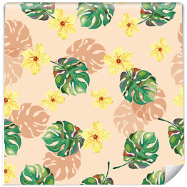 Tapeta samoprzylepna w rolce Egzotyczne liście i żółte kwiaty na pastelowym tle