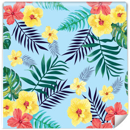 Tapeta samoprzylepna w rolce Kolorowe egzotyczne kwiaty na tle liści palmy 