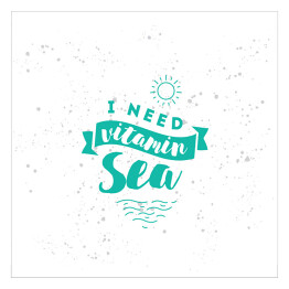 Plakat samoprzylepny "Potrzebuję witamin z morza" - niebieska typografia na szarym tle