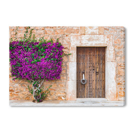 Stare drewniane drzwi i kamienna ściana w stylu śródziemnomorskim