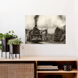Plakat samoprzylepny Stara lokomotywa parowa - czarno biała ilustracja