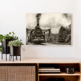 Obraz na płótnie Stara lokomotywa parowa - czarno biała ilustracja