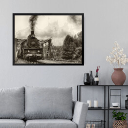 Obraz w ramie Stara lokomotywa parowa - czarno biała ilustracja