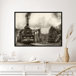 Plakat w ramie Stara lokomotywa parowa - czarno biała ilustracja
