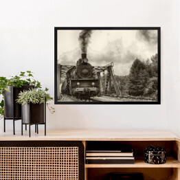 Obraz w ramie Stara lokomotywa parowa - czarno biała ilustracja