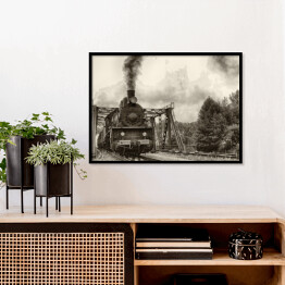 Plakat w ramie Stara lokomotywa parowa - czarno biała ilustracja