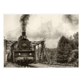 Plakat samoprzylepny Stara lokomotywa parowa - czarno biała ilustracja