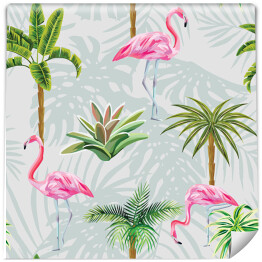 Tapeta winylowa zmywalna w rolce Różowe flamingi i palmy na przygaszonym tle