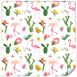 Tapeta winylowa zmywalna w rolce Flamingi i kwitnące kaktusy na białym tle