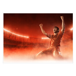 Plakat Piłkarz świętuje bramkę na przydymionym czerwonym tle 