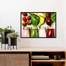 Plakat w ramie Wielobarwne koktajle i soki z warzyw i owoców
