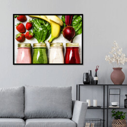 Plakat w ramie Wielobarwne koktajle i soki z warzyw i owoców
