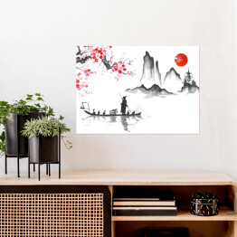 Plakat Tradycyjne japońskie malarstwo - podróż łodzią